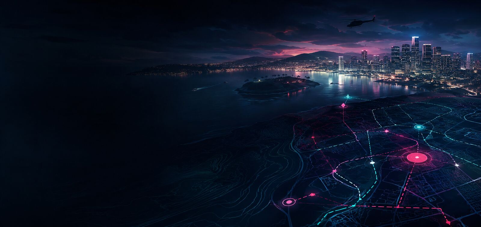 Night-time fictional coastal city and island route map
